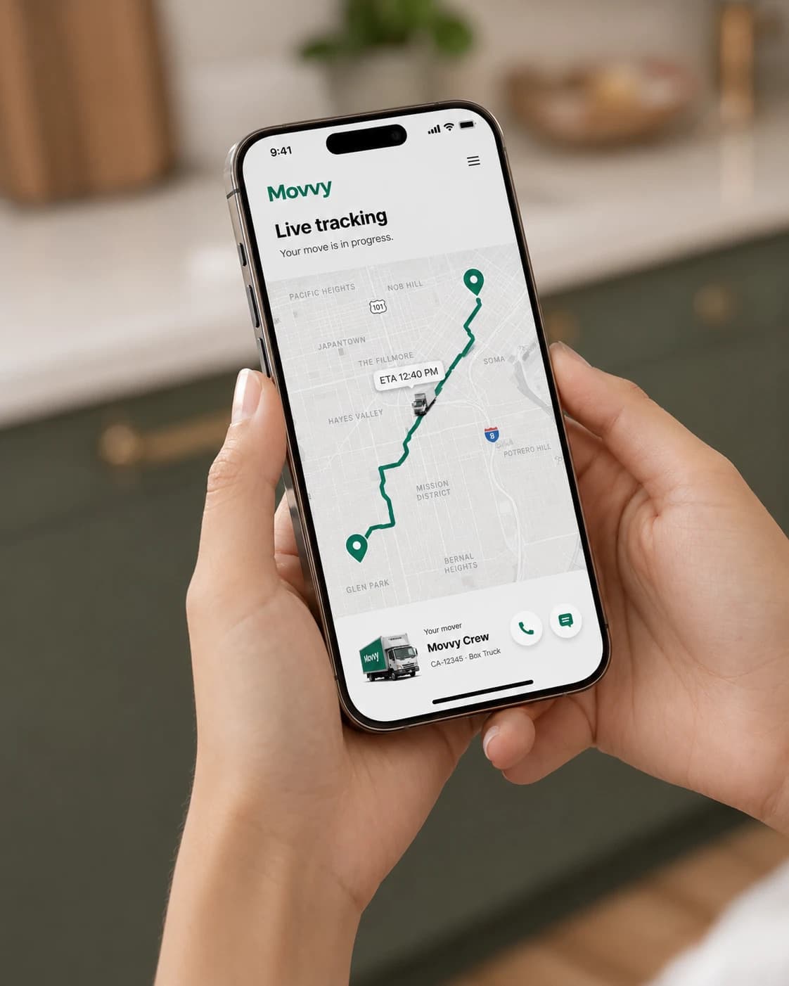 iPhone showing a live map with a green route from Glen Park to Nob Hill, the Movvy truck halfway along the route, and an ETA of 12:40 PM. Call and chat buttons sit at the bottom.