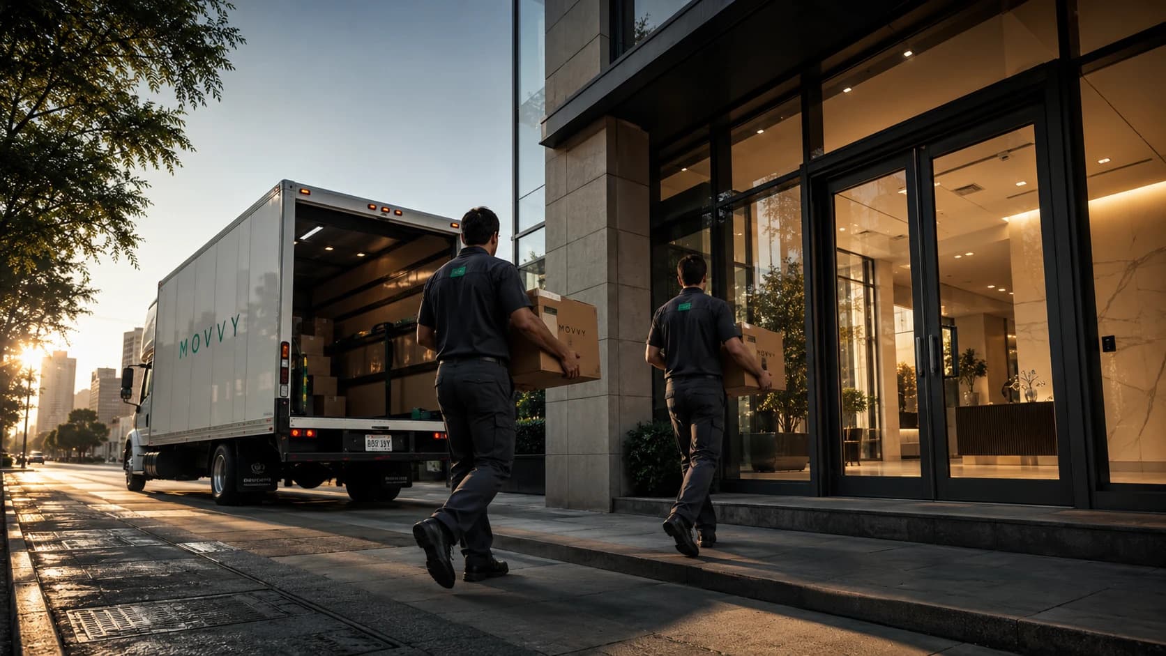 Two Movvy crew members in dark uniforms carrying branded Movvy boxes from a Movvy box truck into a modern building lobby at golden hour.