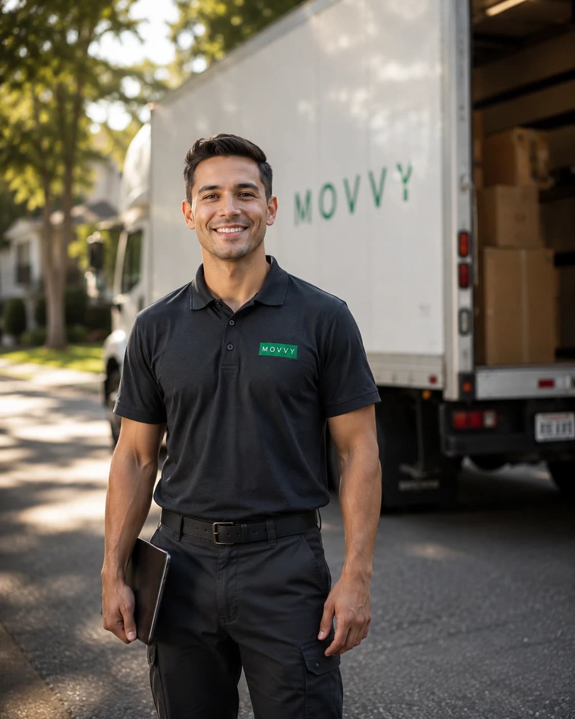 A smiling Movvy crew lead wearing a black uniform polo with a green Movvy name tag, holding a clipboard, standing in front of a Movvy-branded white box truck on a sunny tree-lined suburban street.