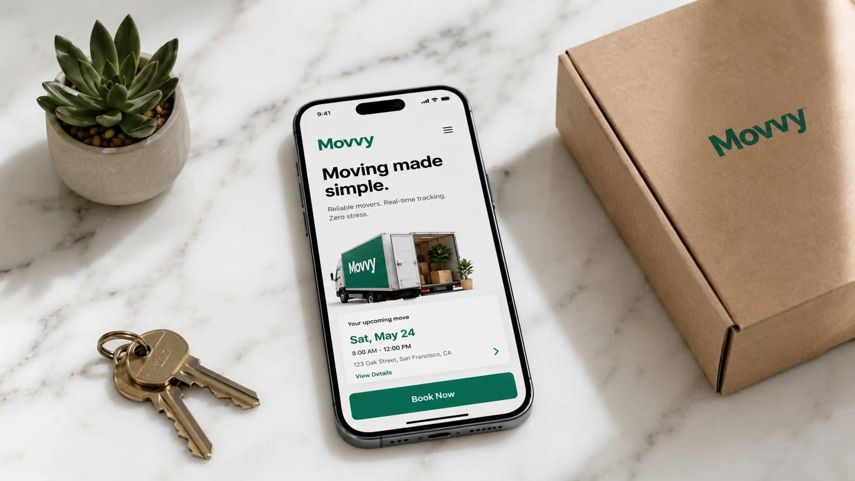 The Movvy app open on an iPhone resting on a marble counter, beside a branded Movvy box and a small succulent.