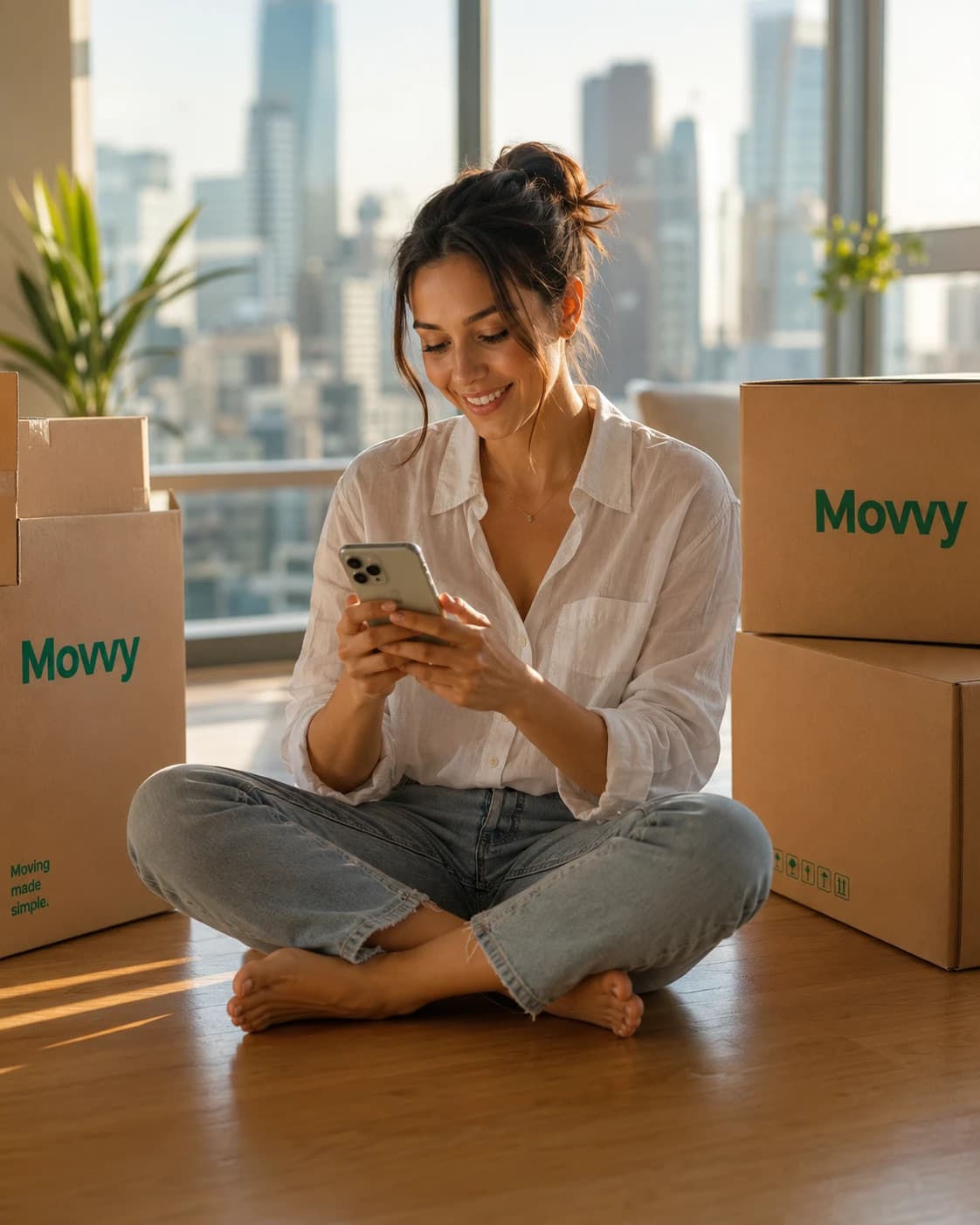 A young woman sitting cross-legged on a hardwood floor in a sun-filled condo, smiling at her phone with two Movvy-branded moving boxes beside her and a city skyline through the window.